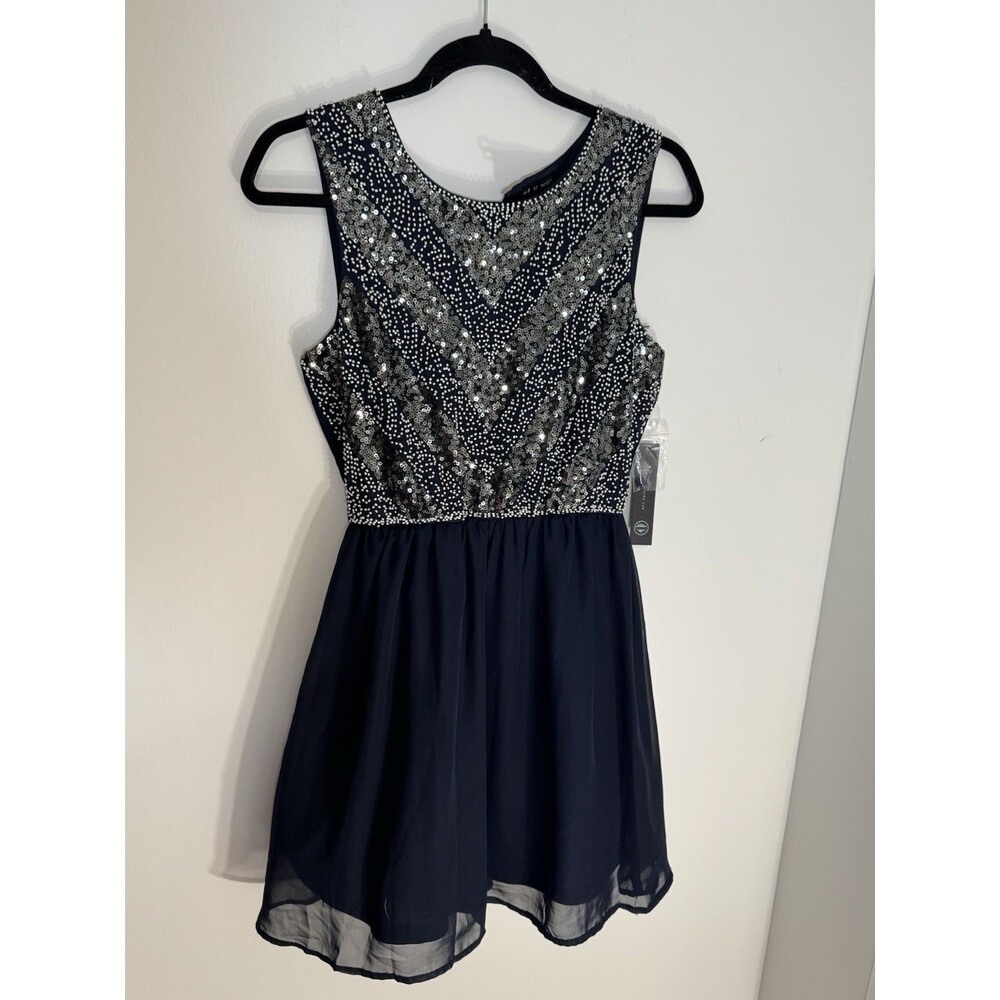 As U Wish Navy Sequin Bodice Chiffon Fit & Flare Sleeveless Mini Dress Size 5
